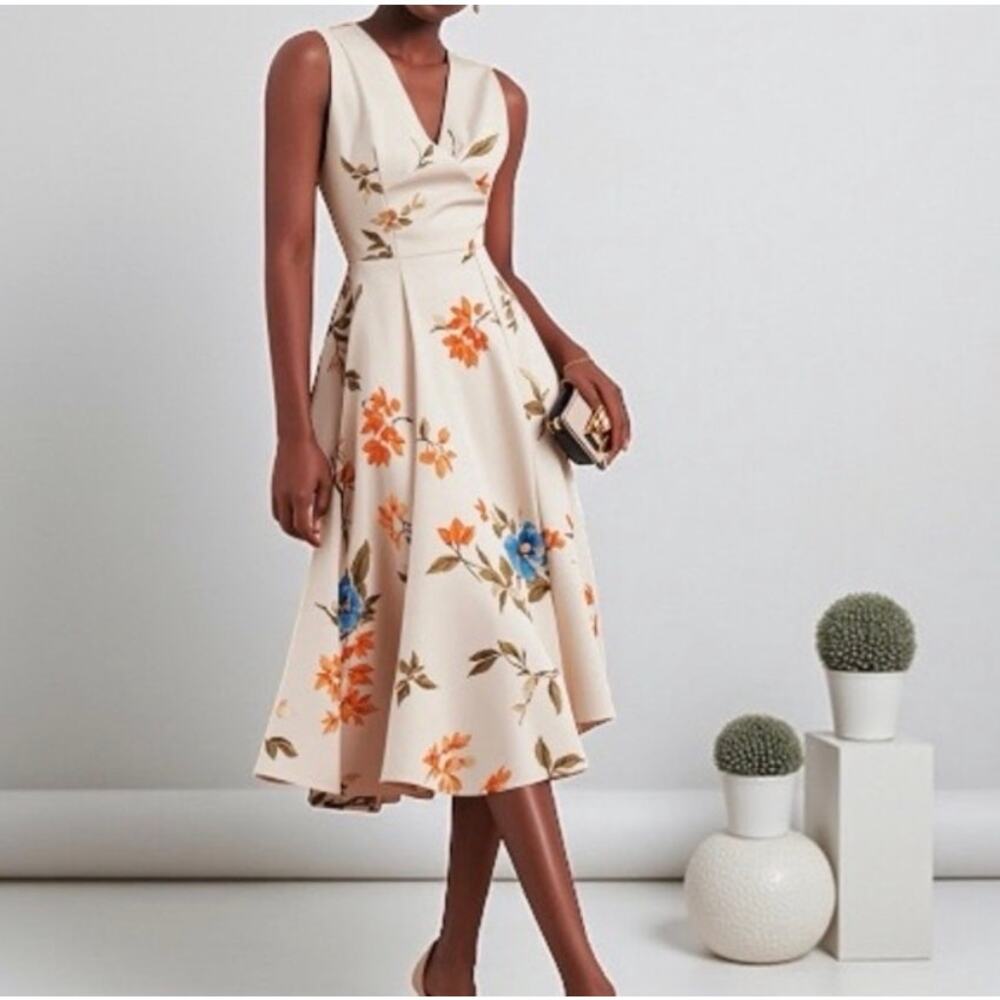 Sleeveless Floral Midi Dress in Cream